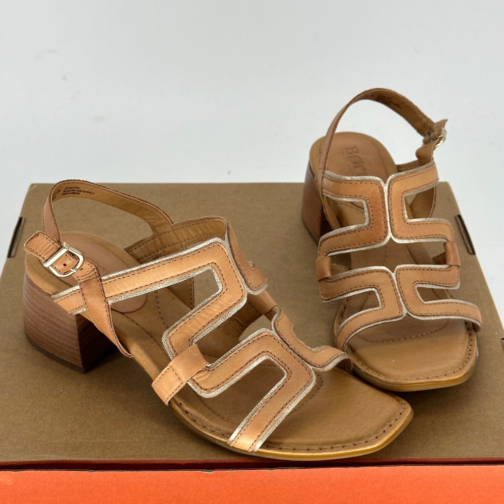 Born Sofia Gold Metallic Beige Block Sandal Heeled Strappy Buckle Neutral 8 M